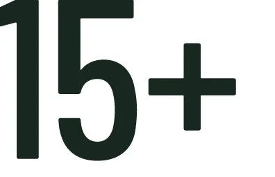 Large black text displaying '15+' on a white background.