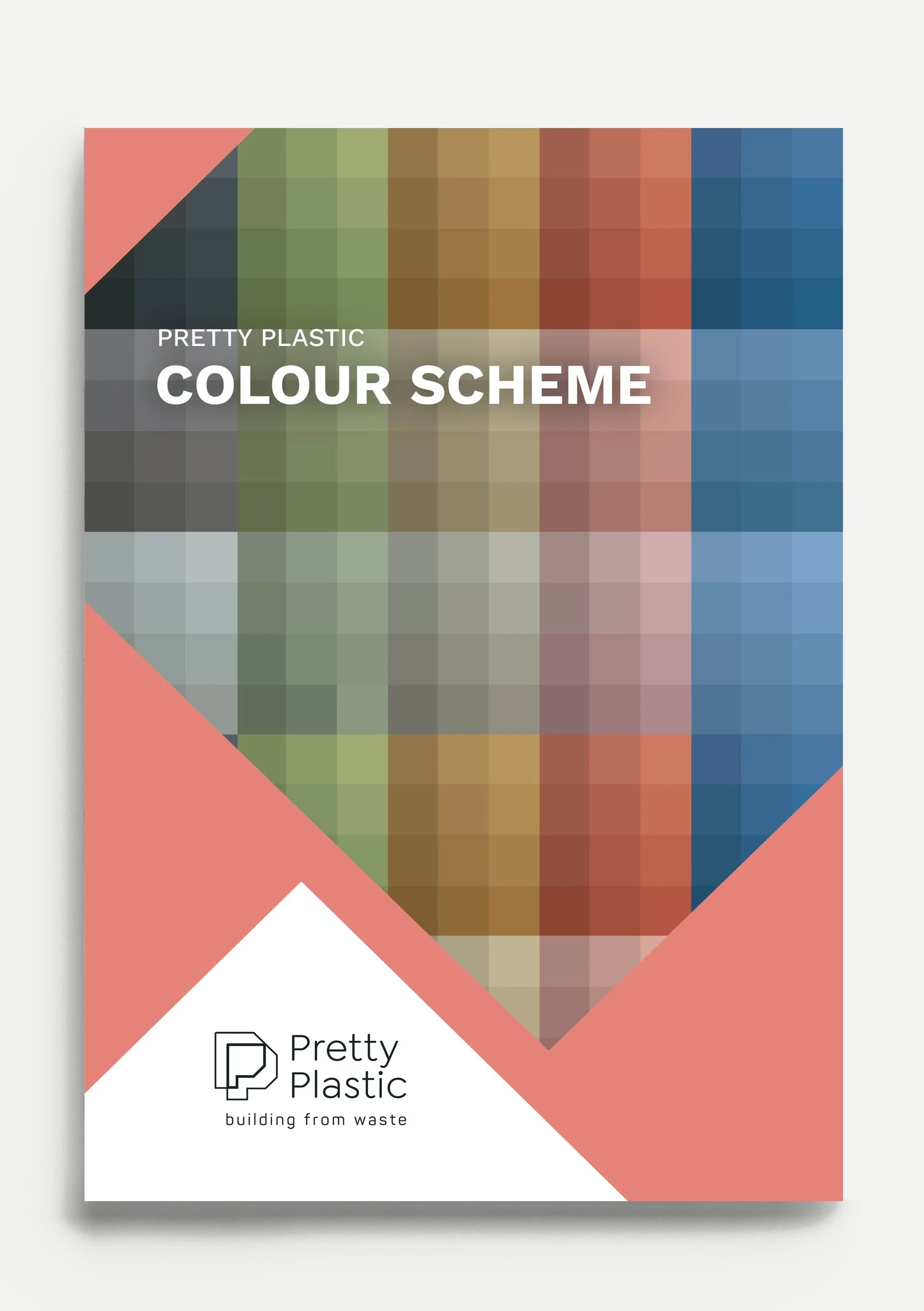 Color scheme chart with various colored squares and the text 'PRETTY PLASTIC COLOUR SCHEME' in the center, alongside the Pretty Plastic logo and the slogan 'building from waste' at the bottom.