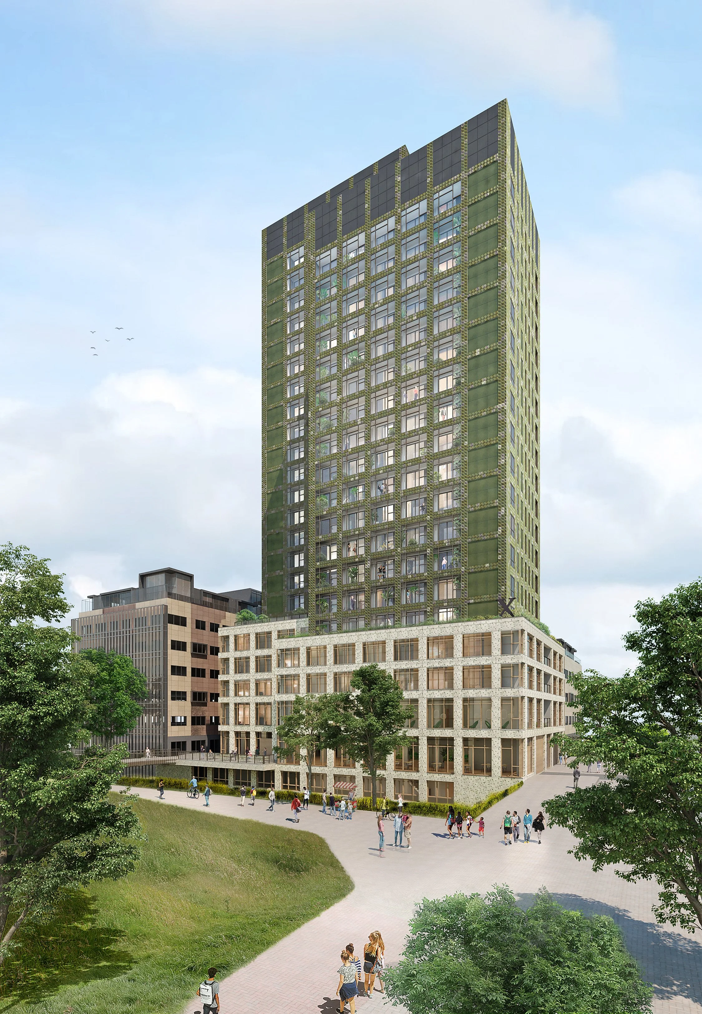 Modern high-rise building with green and black facade amid greenery, people walking and cycling on a park pathway in an urban setting