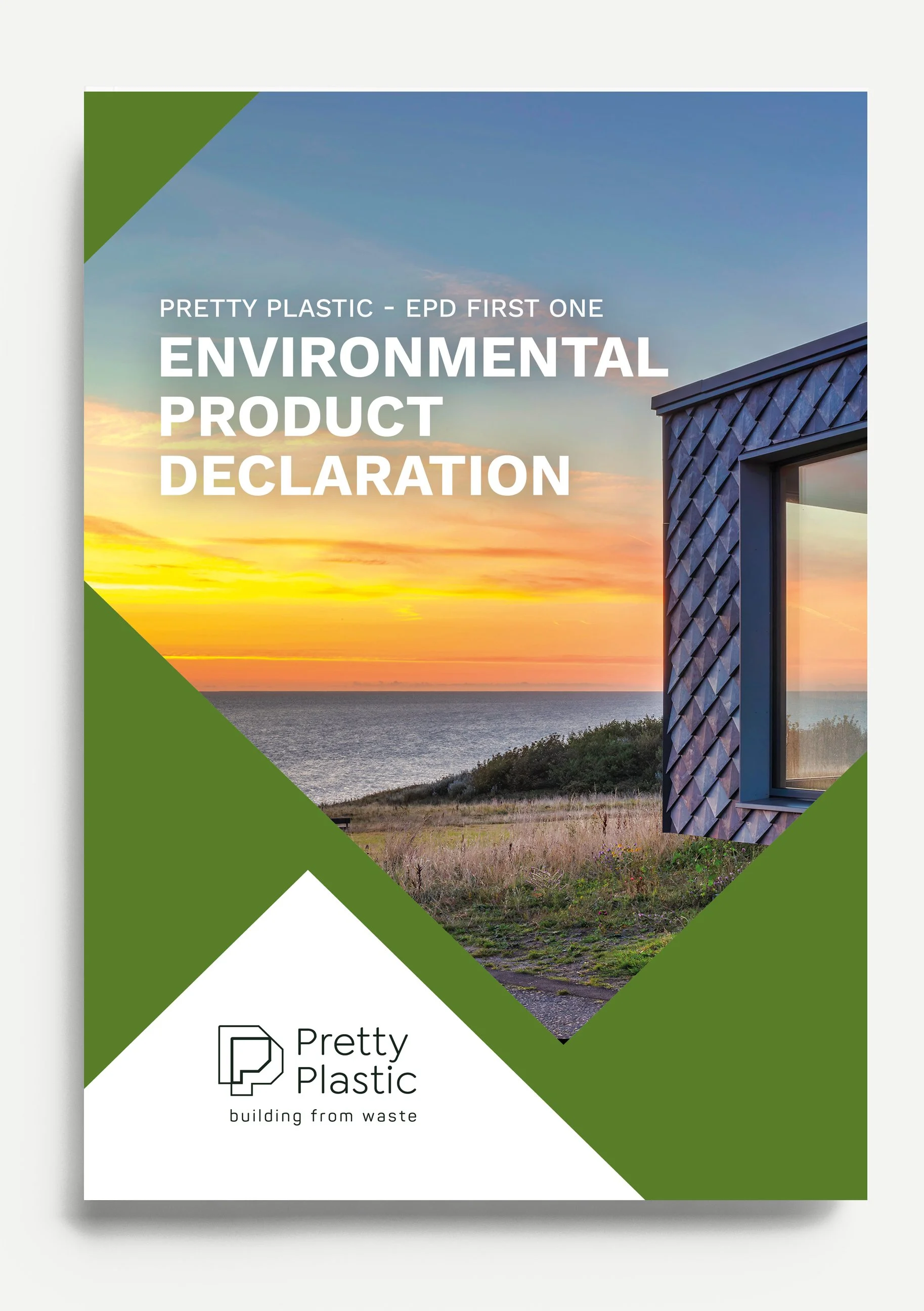 A brochure for Pretty Plastic features a sunset over the ocean with a building made from recycled plastic materials on the right side.