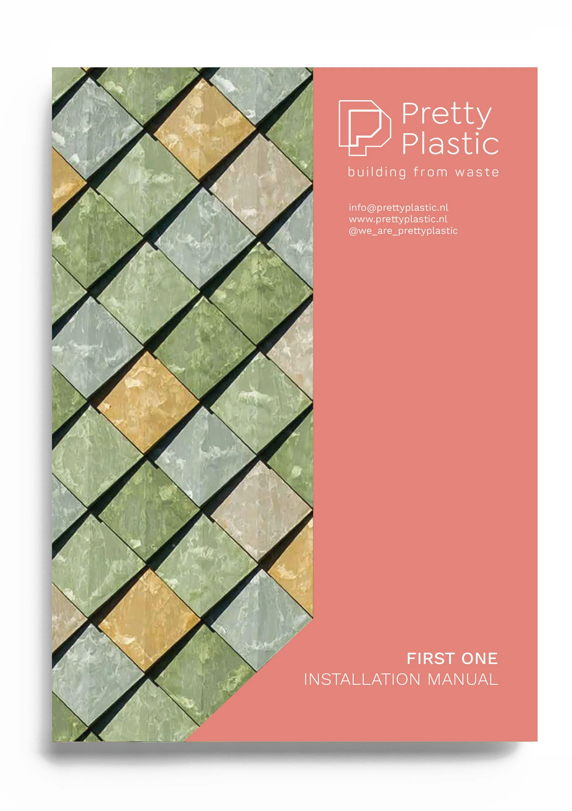 Cover of an installation manual for Pretty Plastic building material, featuring a pattern of square tiles in various shades of green, cream, and beige arranged in a diagonal grid, with the company's logo and contact information on a red background.
