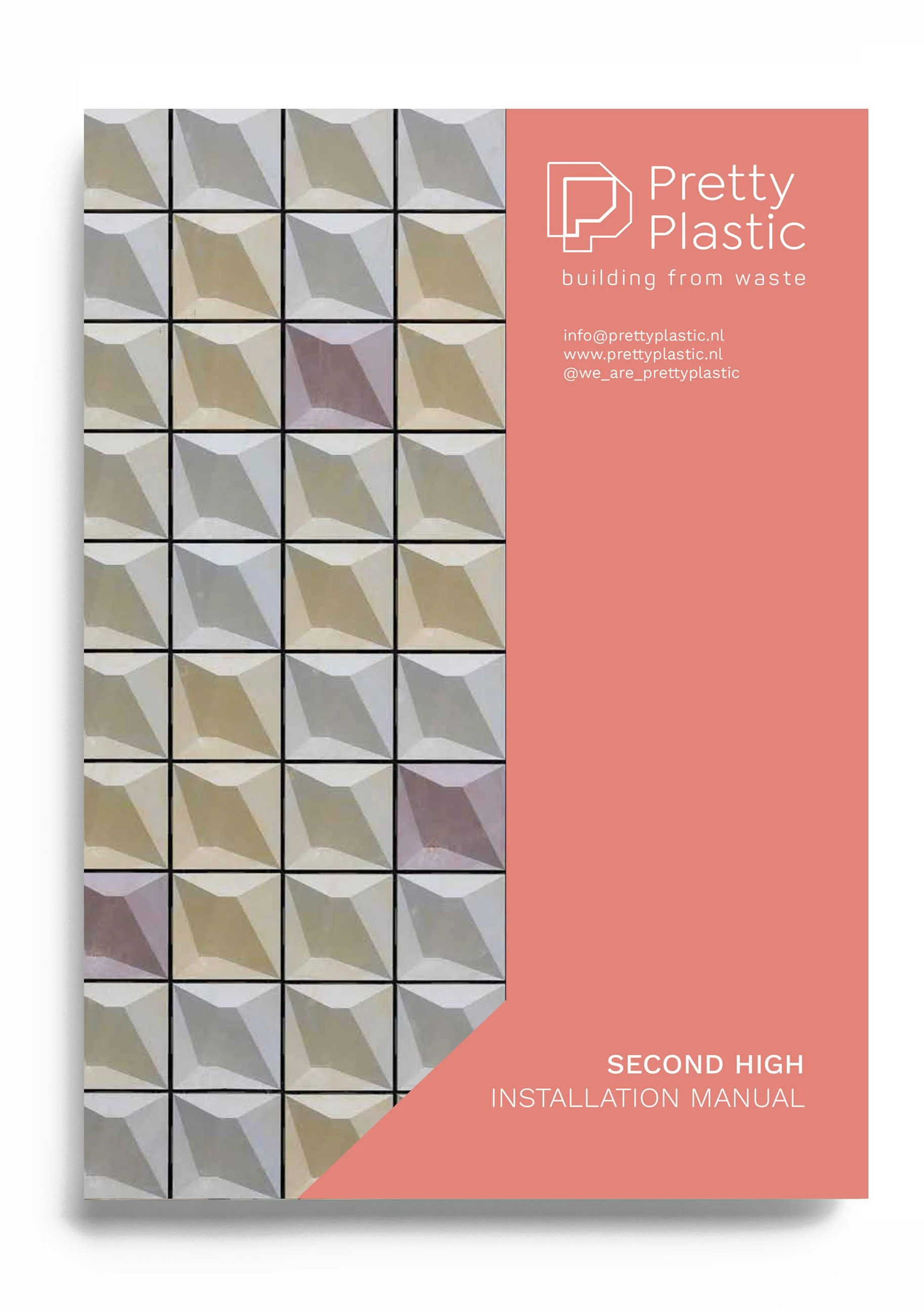 Installation manual for Pretty Plastic building material featuring geometric pattern tiles and a reddish section with company contact information.
