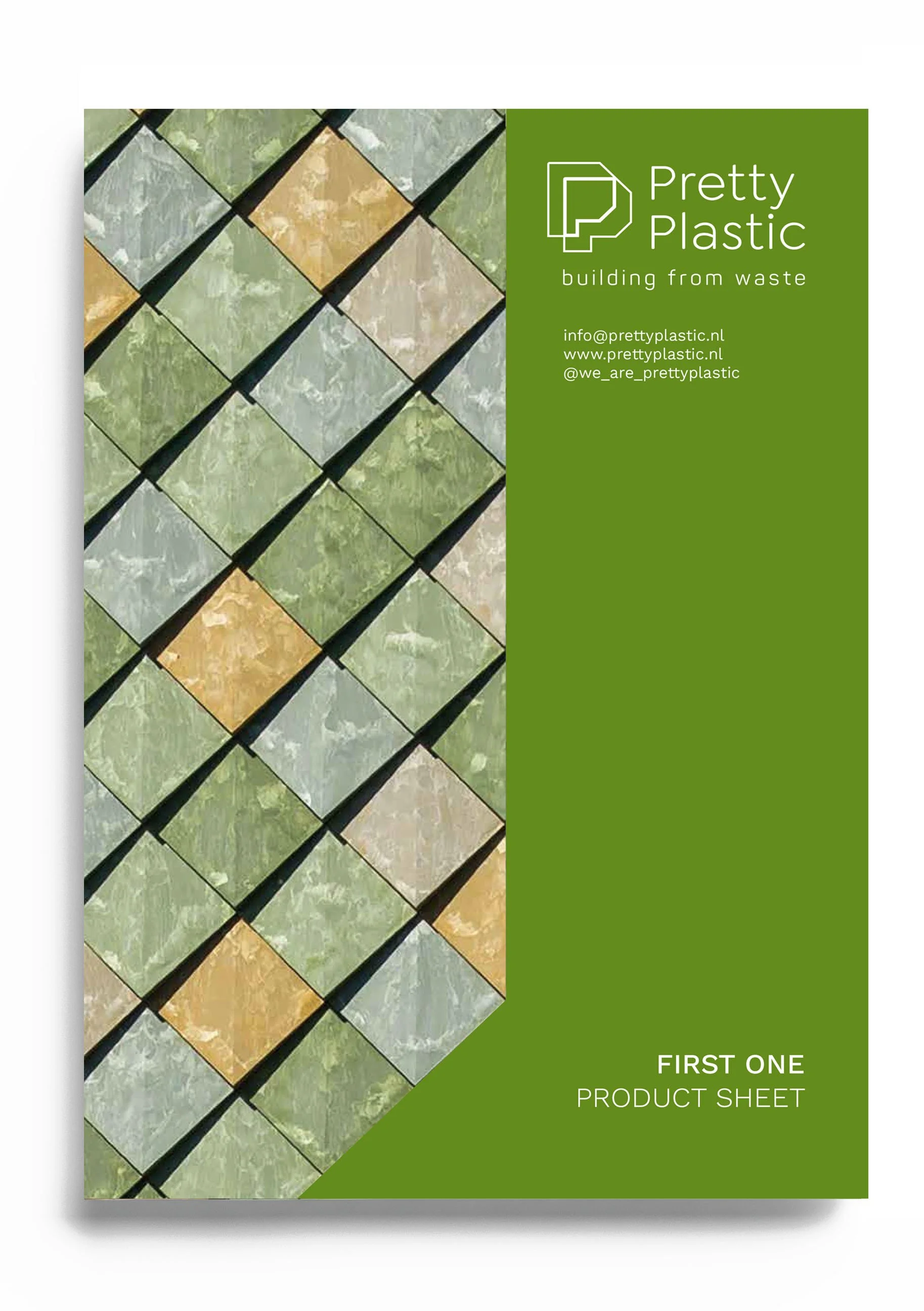 A product sheet for Pretty Plastic showing various colorful stone-like plastic tiles arranged in a grid pattern on the left side, with the company's logo, contact information, and the words 'First One Product Sheet' on a green background on the right side.