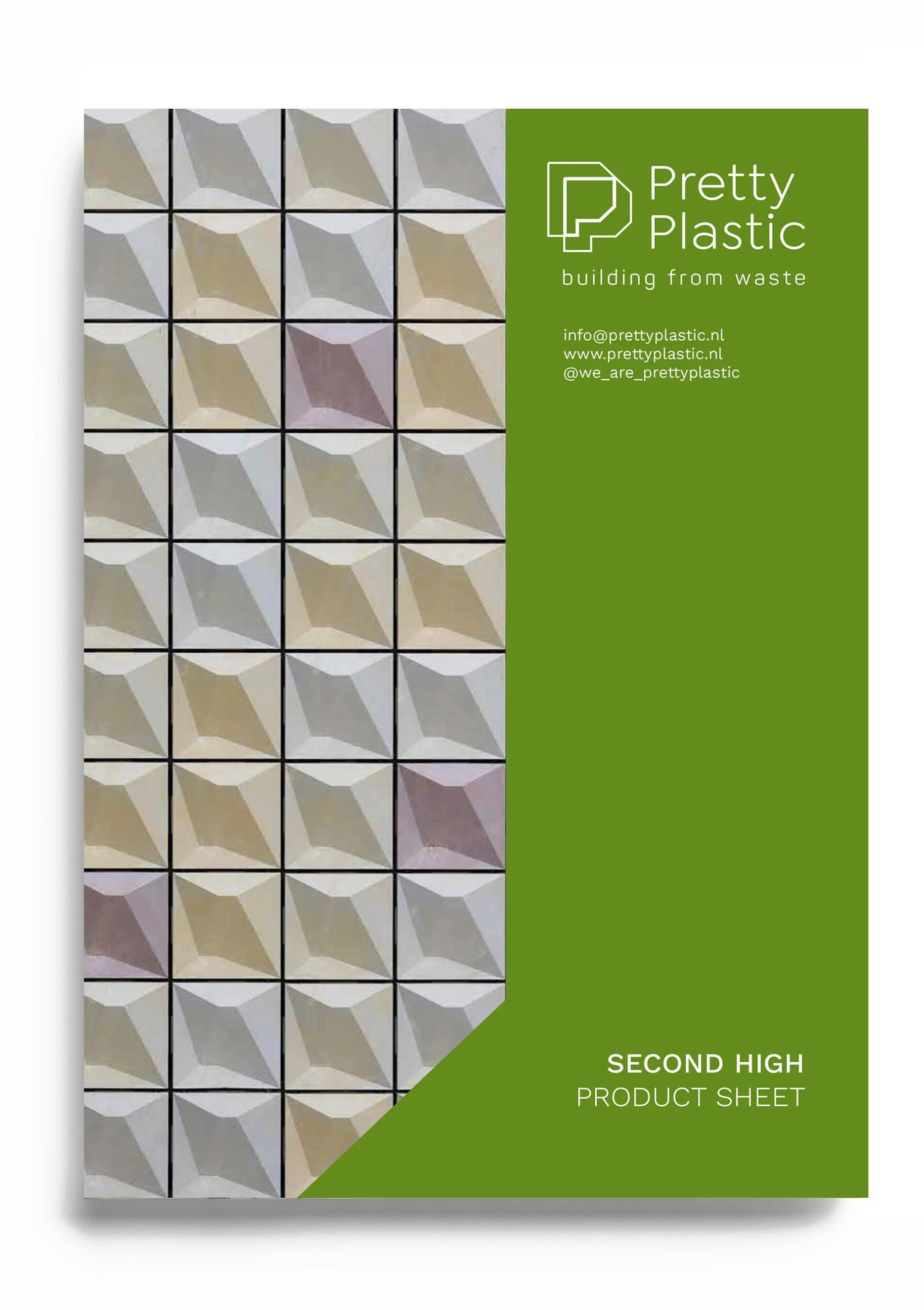 Product sheet cover labeled 'Pretty Plastic' with geometric patterned surface and green section with contact info and 'Second High Product Sheet' text.