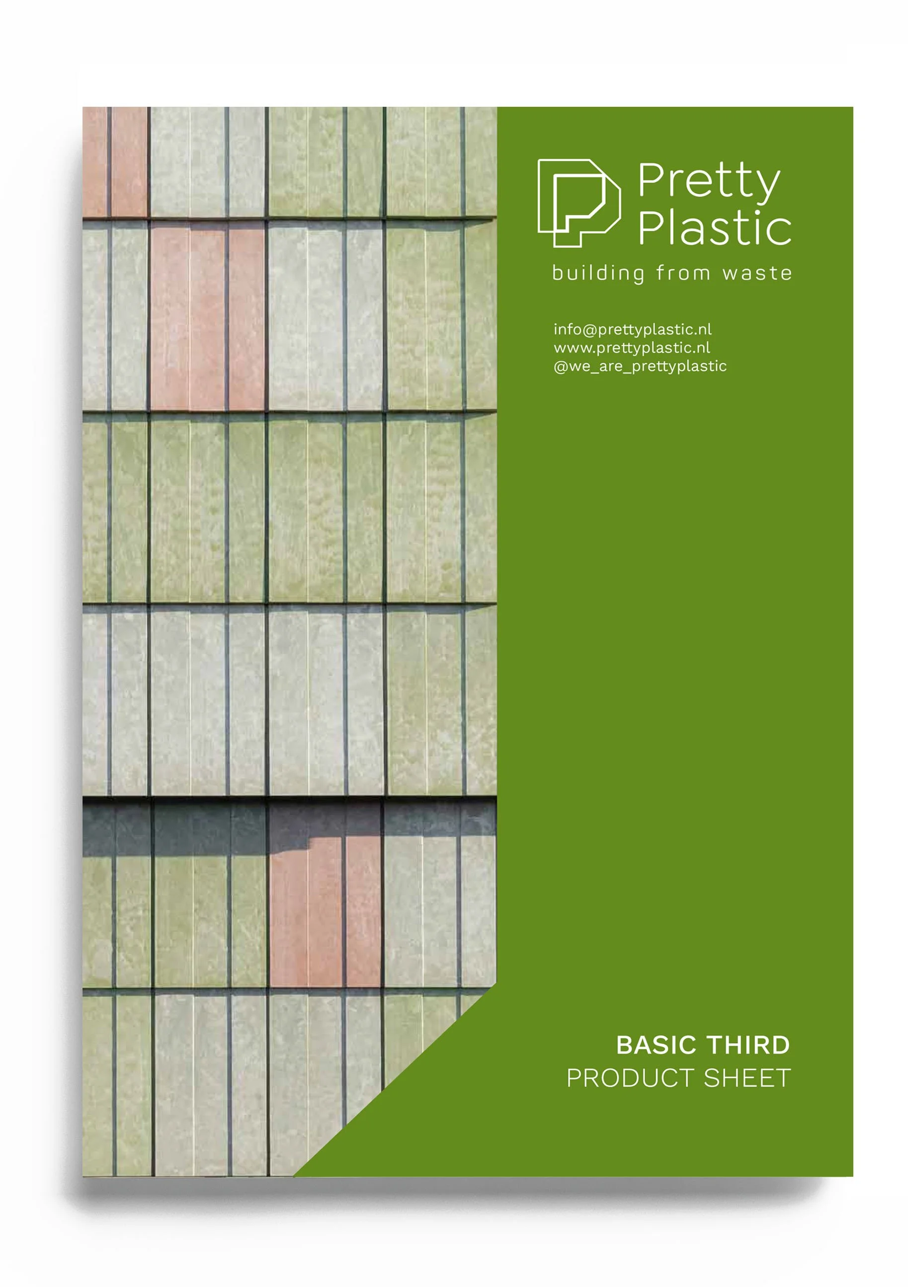 Cover page of a product sheet titled 'Basic Third' from Pretty Plastic, featuring a tiled wall with pastel-colored tiles in shades of pink, green, and beige.