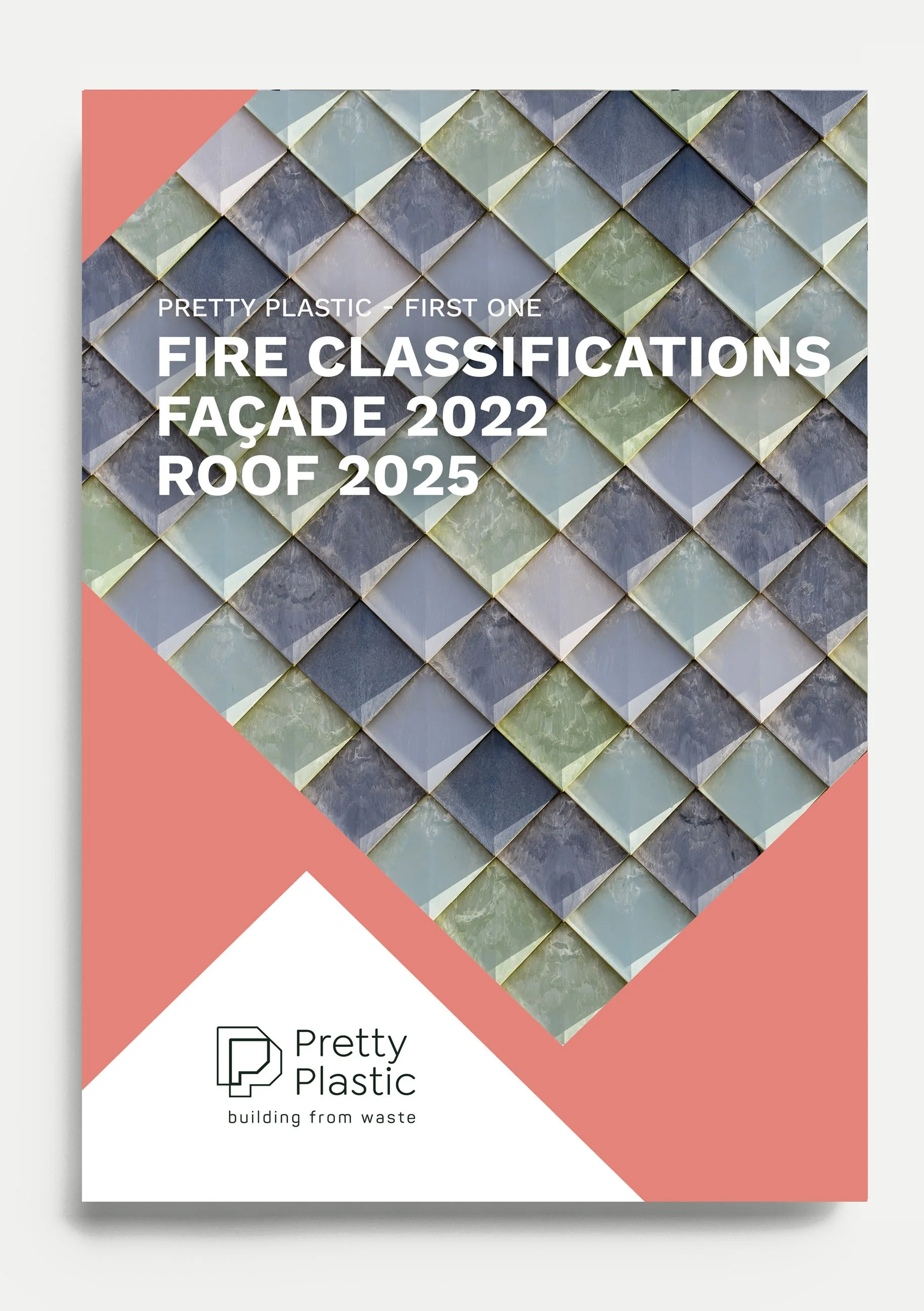 A promotional poster for Pretty Plastic, showcasing a geometric wall facade made of different colored tiles and highlighting their sustainable building materials.