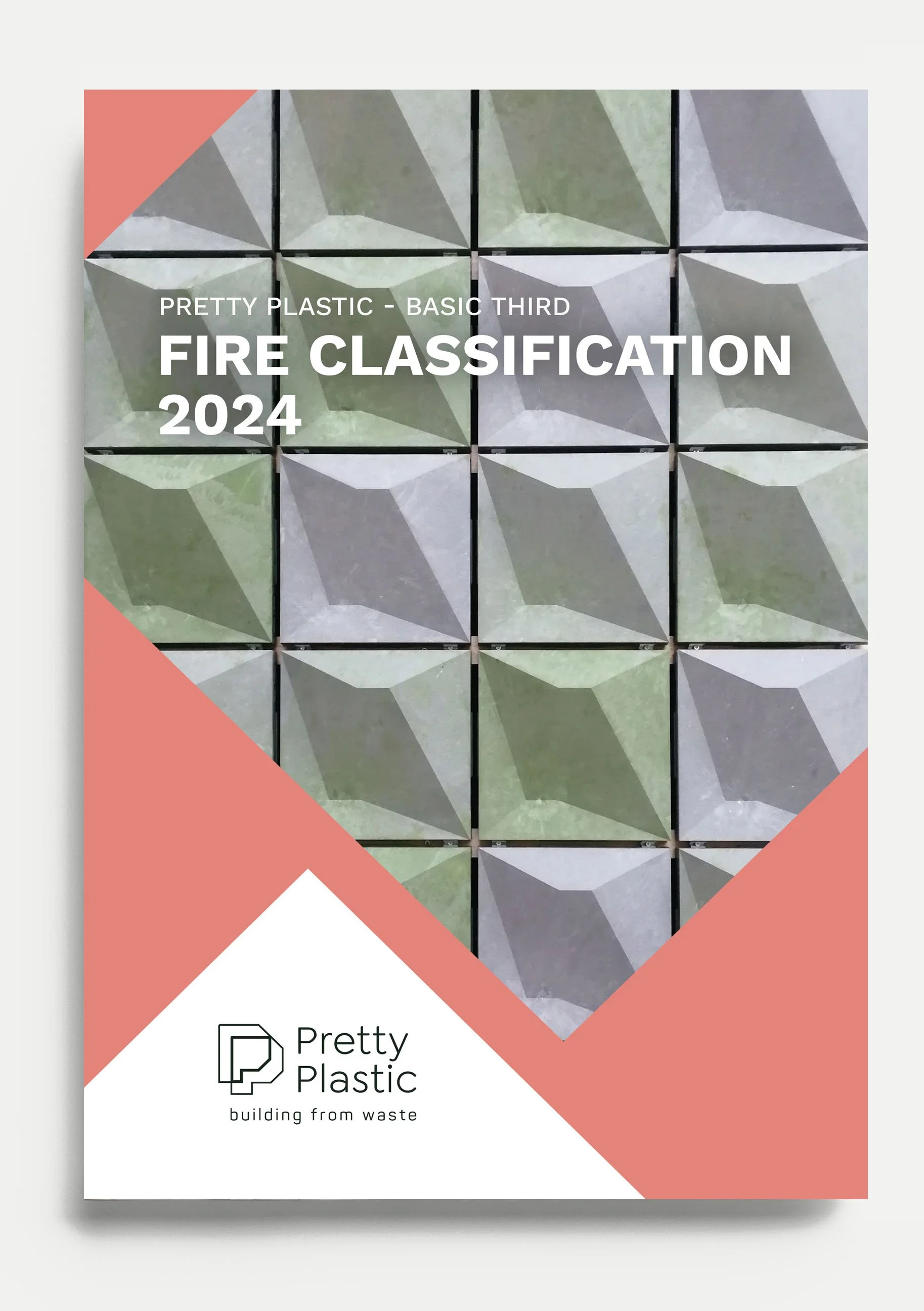 Cover of the 2024 fire classification guide for Pretty Plastic, with a background of geometric patterned cubes in green and gray shades, and the Pretty Plastic logo in the lower left corner.