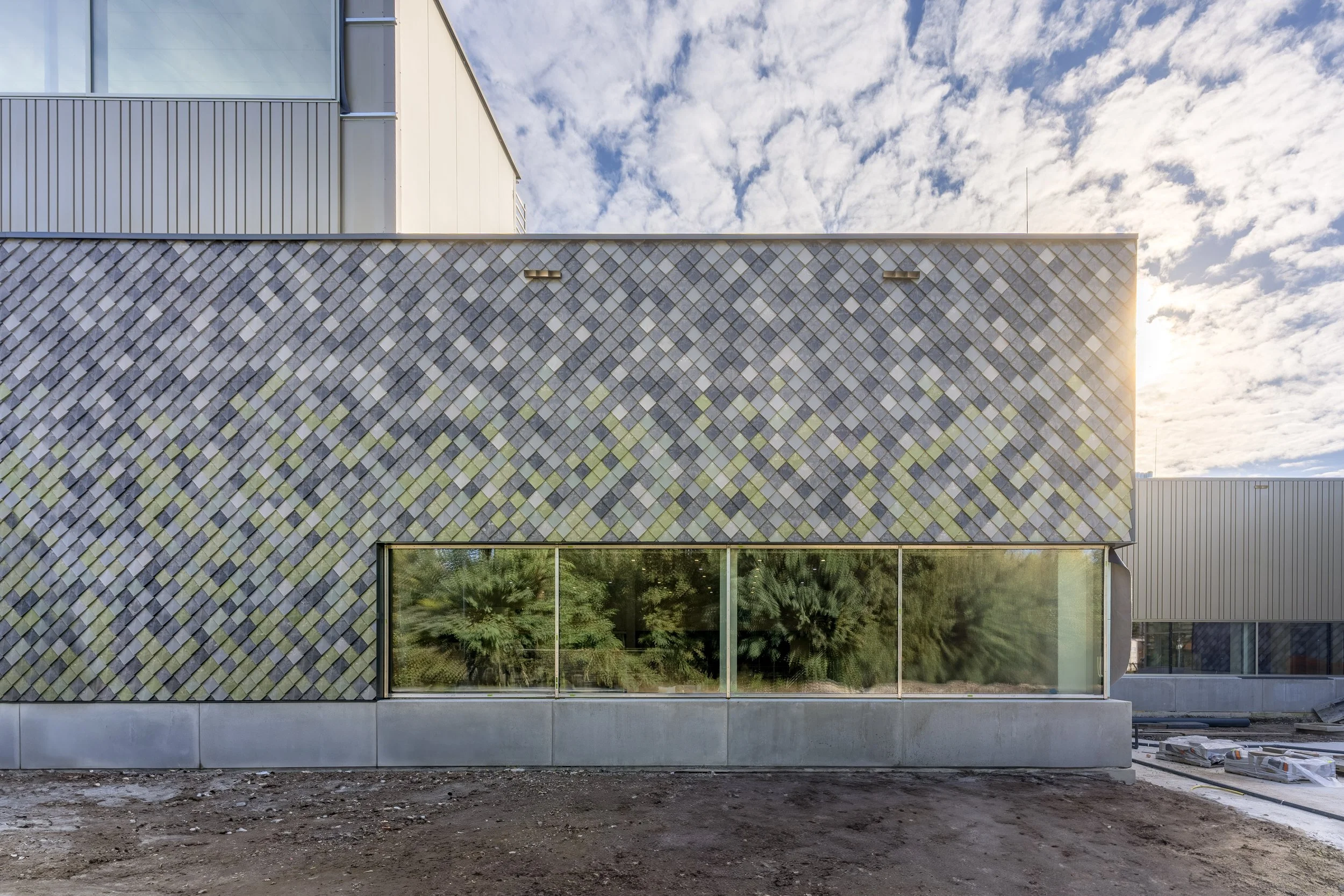 Pretty Plastic wall cladding with different shades and green into windows