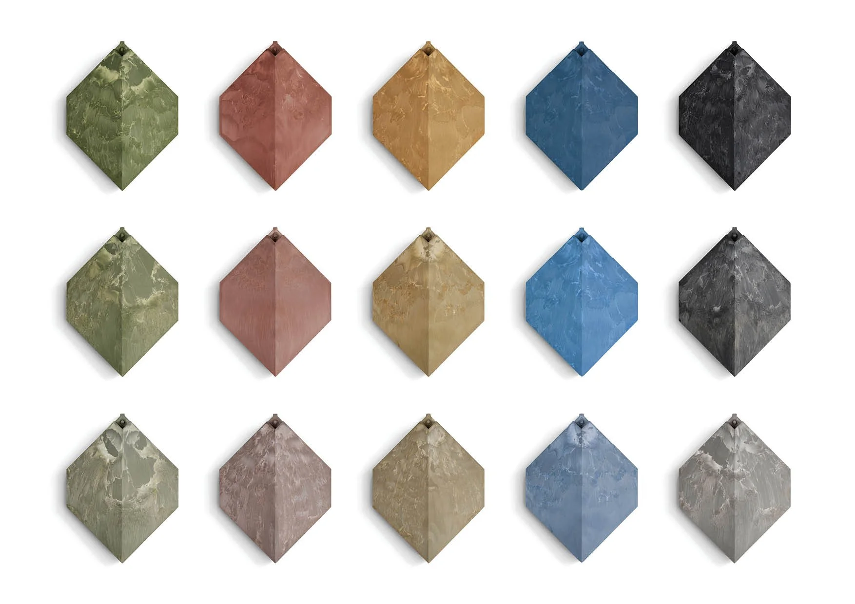 A collection of fifteen colorful diamond-shaped Pretty Plastic First One arranged in a grid on a white background.