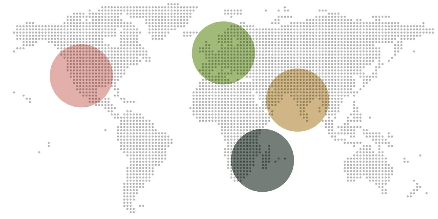 Dotted world map with five colored circles over different regions.