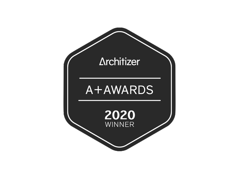 A digital badge with a black background and white border, reading 'Architizer A+ Awards 2020 Winner'.