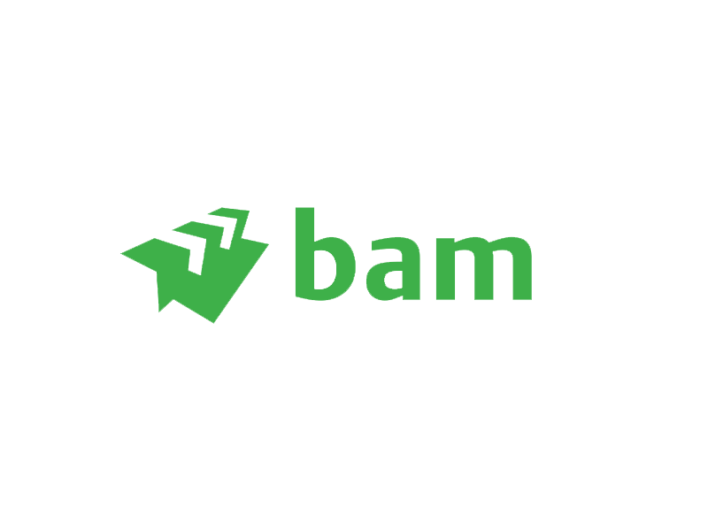 The BAM logo with a stylized arrow pointing right and the word 'bam' in green