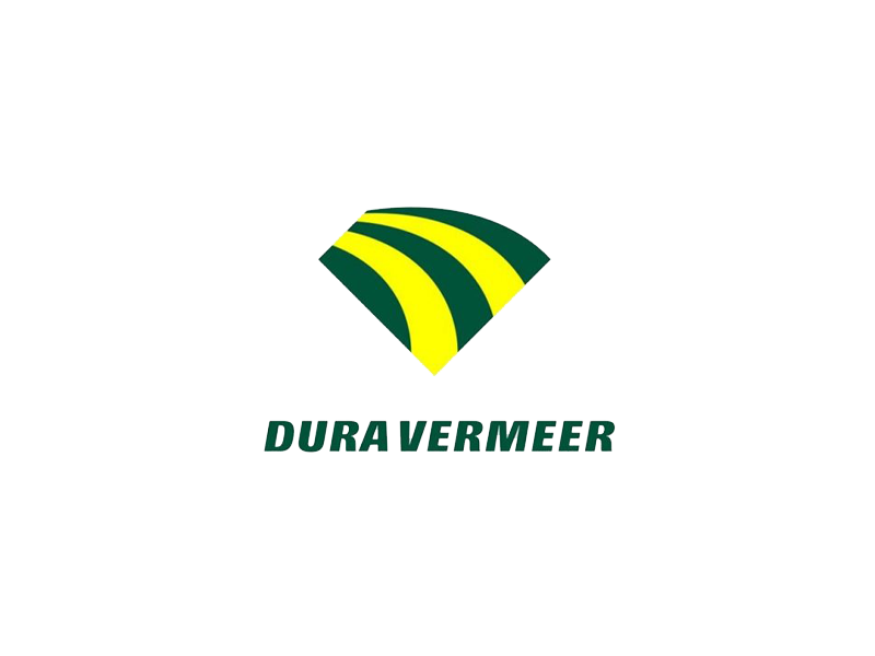 Distorted logo of Duravermeer with green and yellow curved stripes and blurred text.