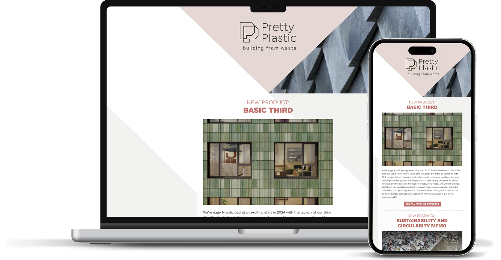 Open laptop and smartphone displaying Pretty Plastic website with green building model, logo, and project information.