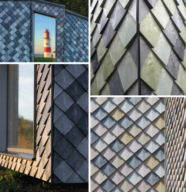 Close-up of modern building exterior with geometric, textured siding in various colors and patterns.