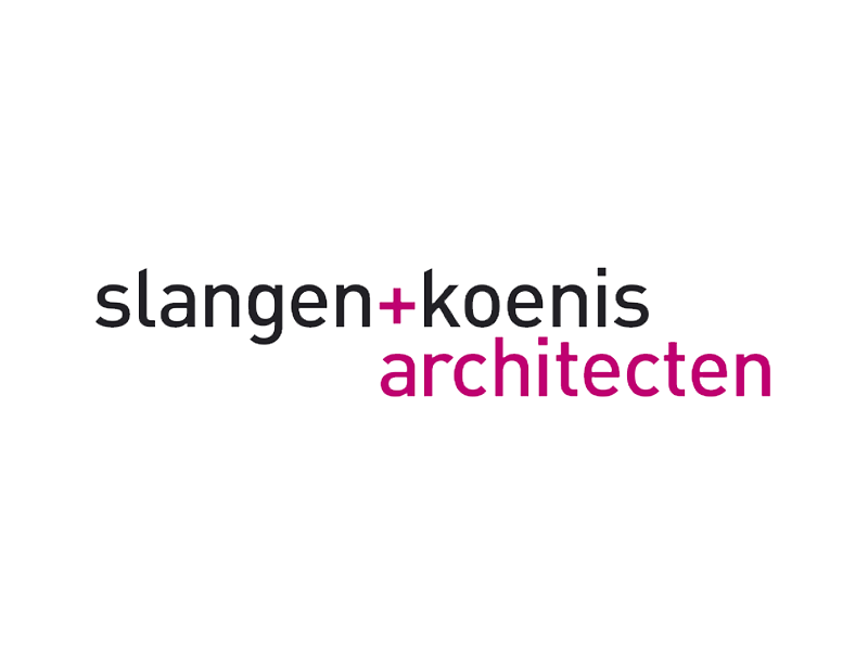 Logo with black background and text 'slangen+koenis architechten' in black, purple, and pink colors.