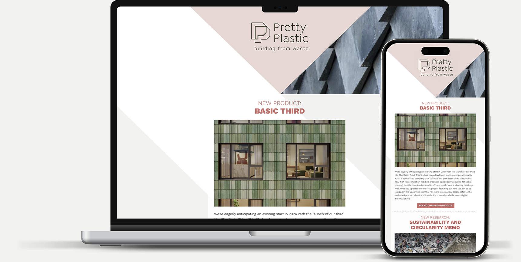 Laptop and smartphone displaying a website for Pretty Plastic, a company that builds from waste, featuring a new product called Basic Third, with images of a building facade and a textured surface.