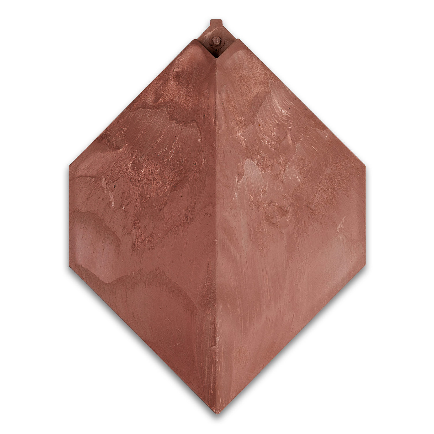 Copper-colored tetrahedral prism with a textured surface, highlighted against a black background.