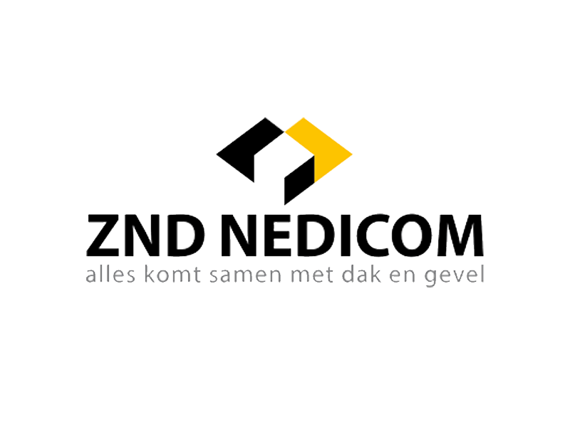 ZND NEDICOM logo with black and yellow design, Dutch slogan 'alles komt samen met dak en gevel' in gray text.